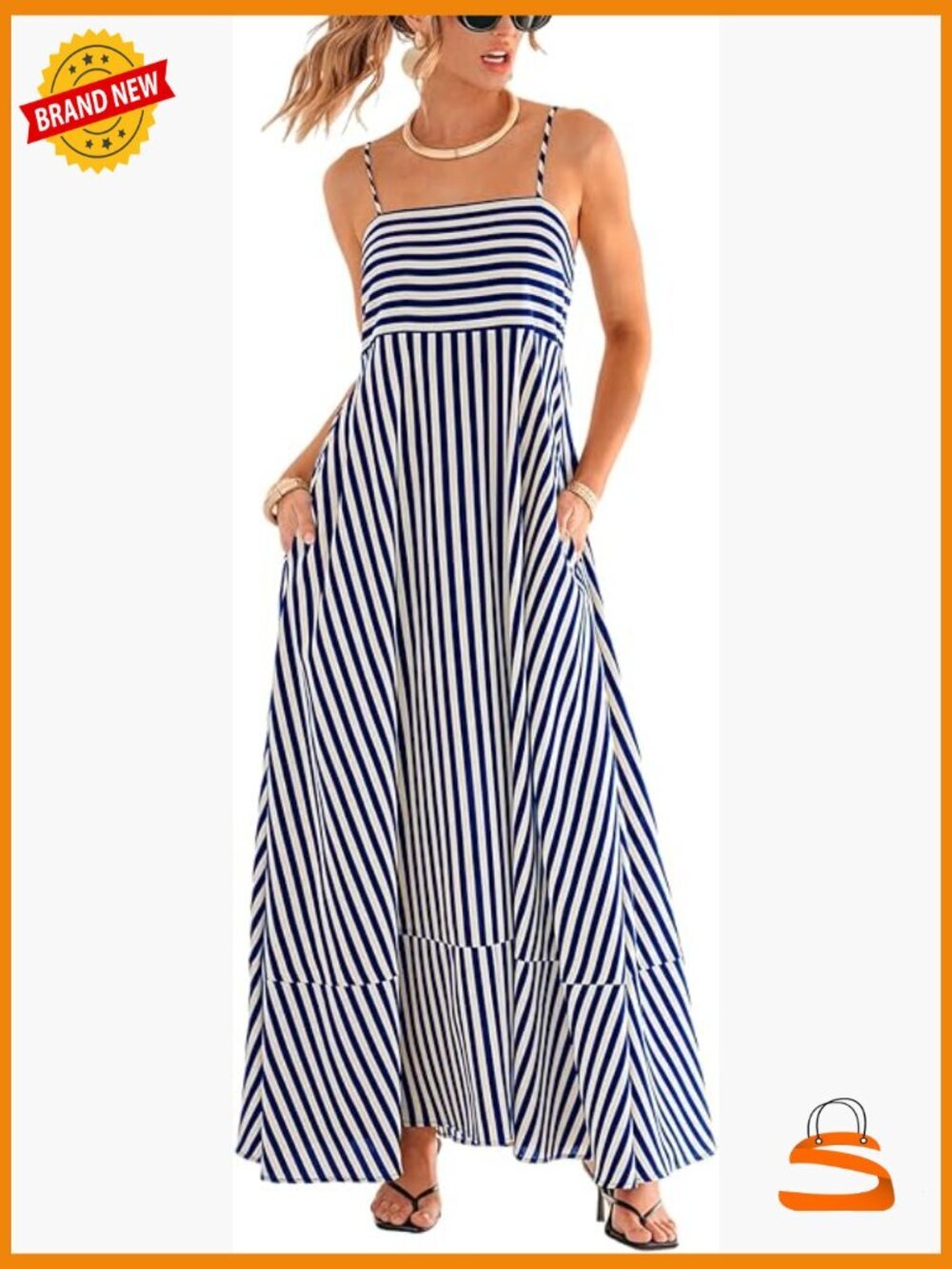 Sleeveless Square Neck Striped Maxi Dress with Pockets